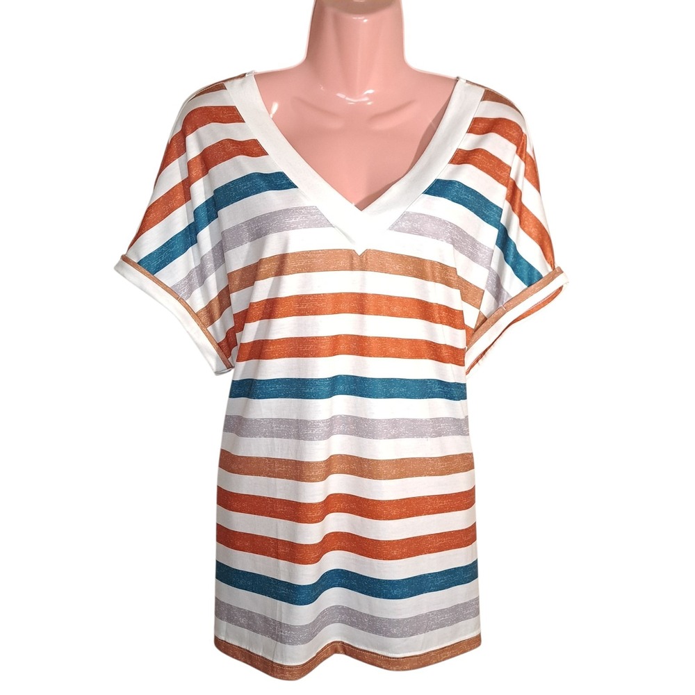 Wiholl Women's T-Shirt XL Multicolor Short Sleeve Beach Vacation Casual Stripes